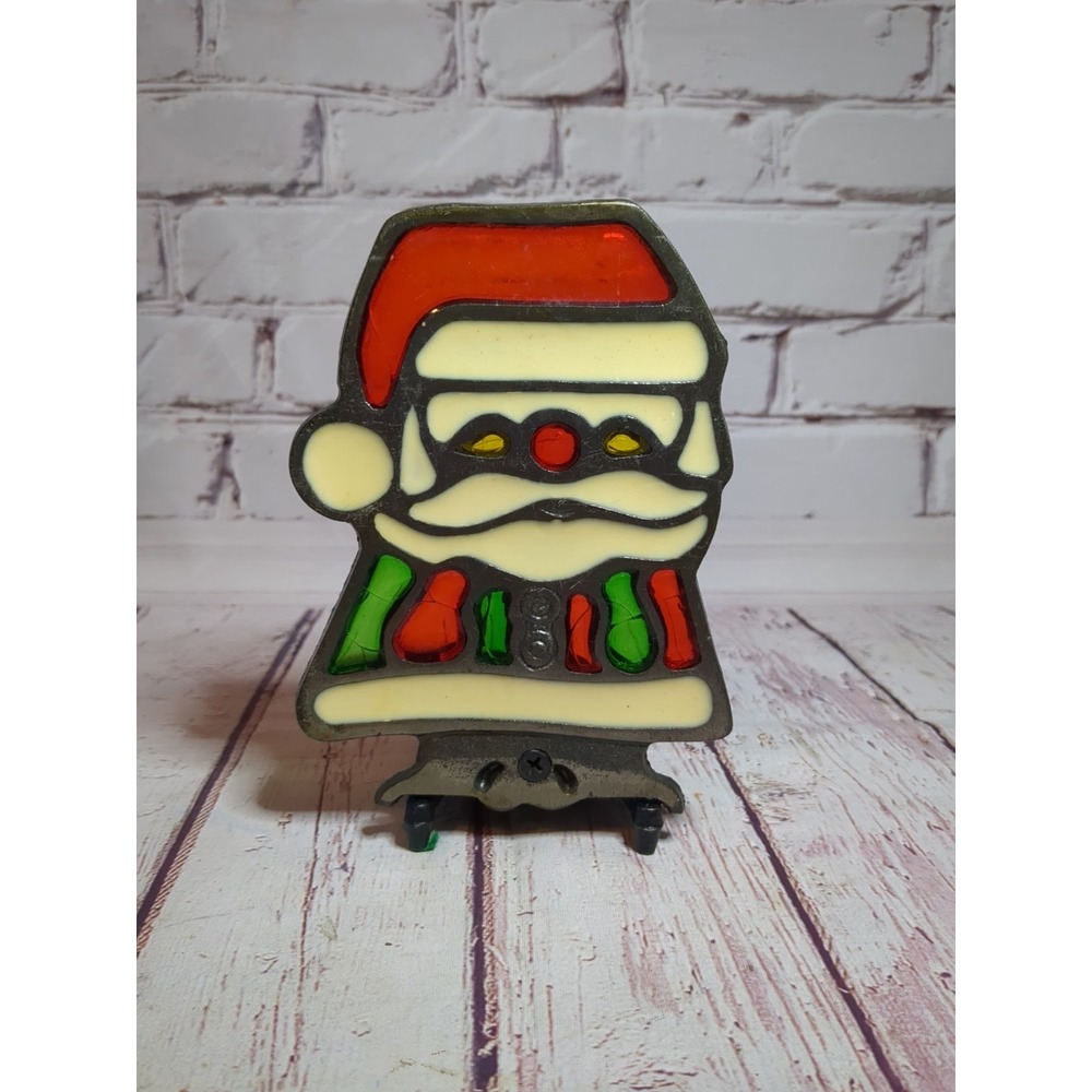 Santa Holiday‎ Cast Iron Stained Glass Votive/Tealight Candle Holder. VTG